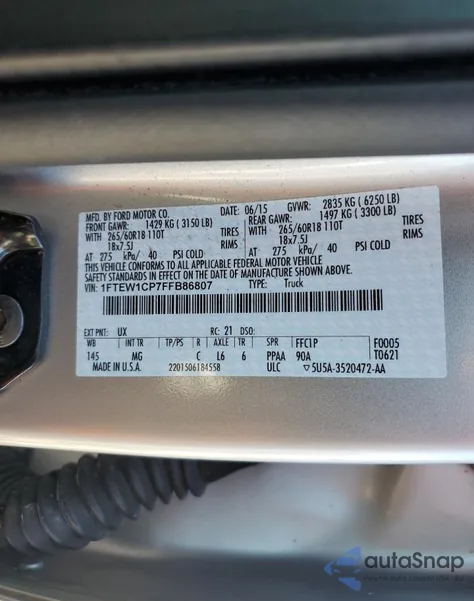 2015 Ford F150 Supercrew z USA, uszkodzony, nr VIN 1FTEW1CP7FFB86807